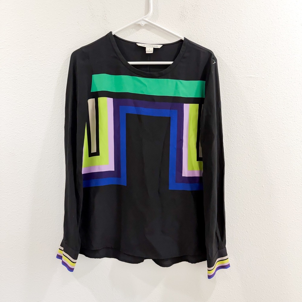 Diane Von Furstenberg 100% Silk Colorblock Contemporary Retro Long Sleeve Top 6